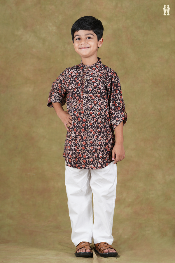 Chinese Collar Kalamkari Design Black Cotton Long Kurta