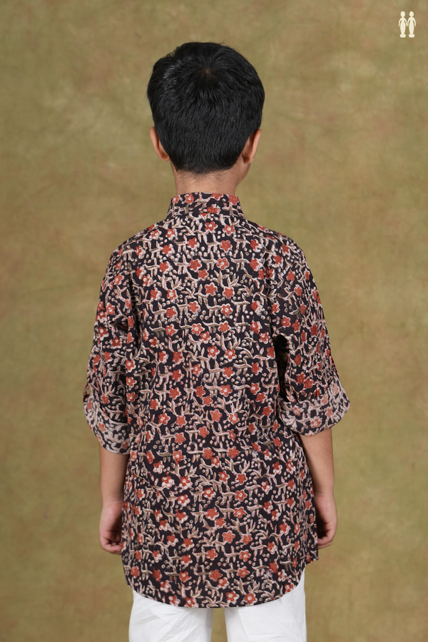 Chinese Collar Kalamkari Design Black Cotton Long Kurta