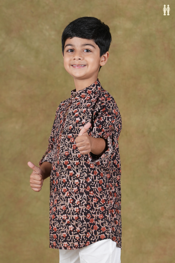 Chinese Collar Kalamkari Design Black Cotton Long Kurta