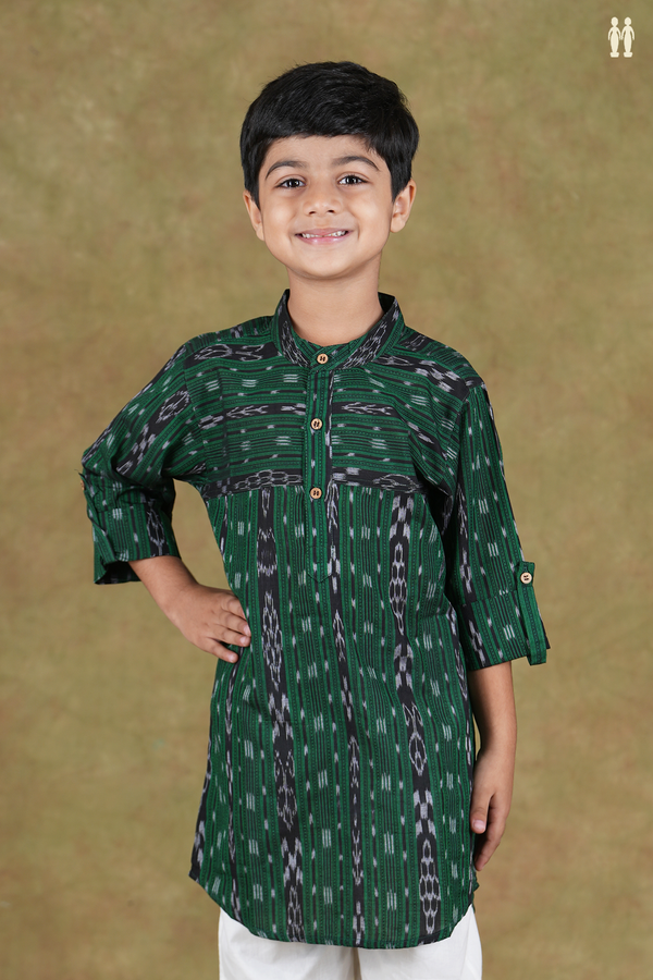 Chinese Collar Stripes Design Green Cotton Long Kurta