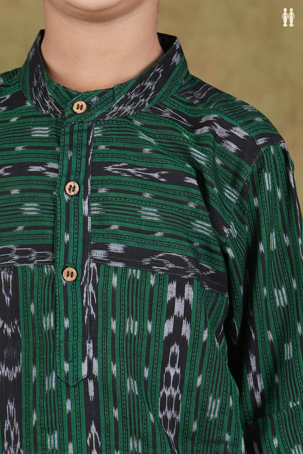 Chinese Collar Stripes Design Green Cotton Long Kurta