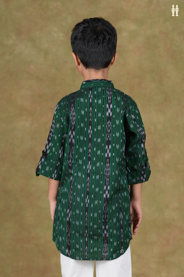 Chinese Collar Stripes Design Green Cotton Long Kurta