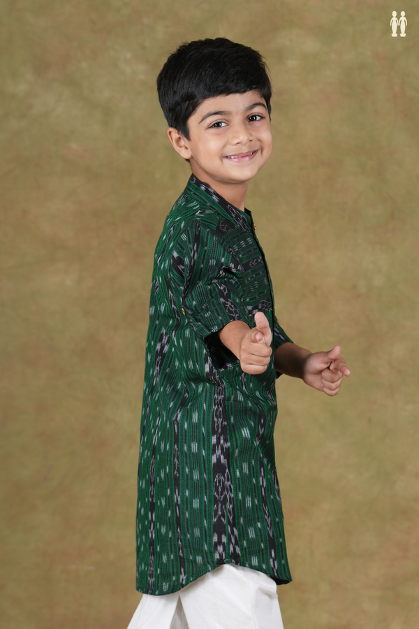 Chinese Collar Stripes Design Green Cotton Long Kurta