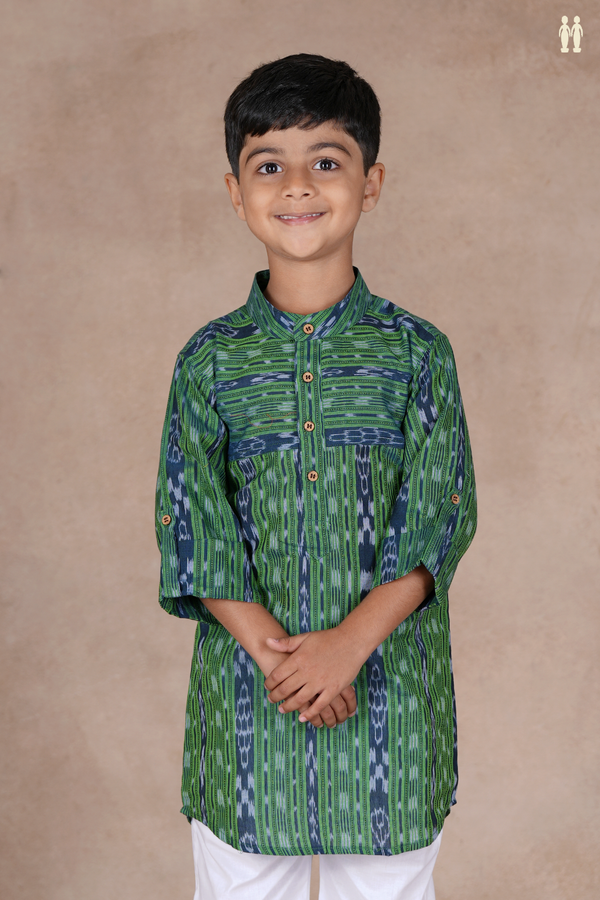 Chinese Collar Stripes Design Green Cotton Long Kurta