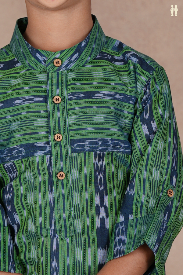 Chinese Collar Stripes Design Green Cotton Long Kurta