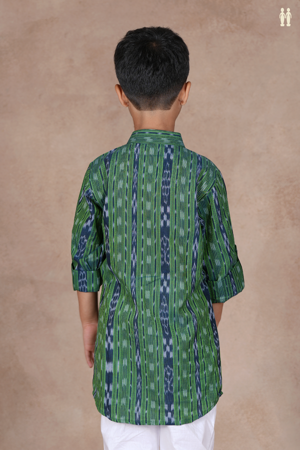 Chinese Collar Stripes Design Green Cotton Long Kurta