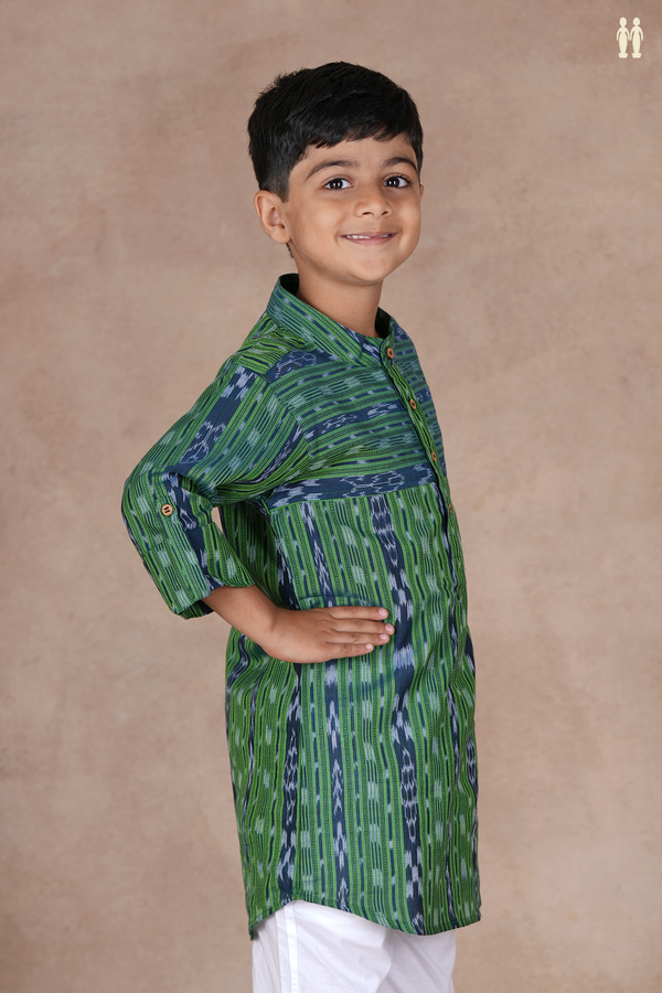 Chinese Collar Stripes Design Green Cotton Long Kurta