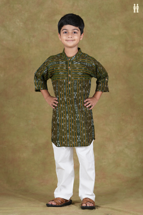 Chinese Collar Stripes Design Green Cotton Long Kurta
