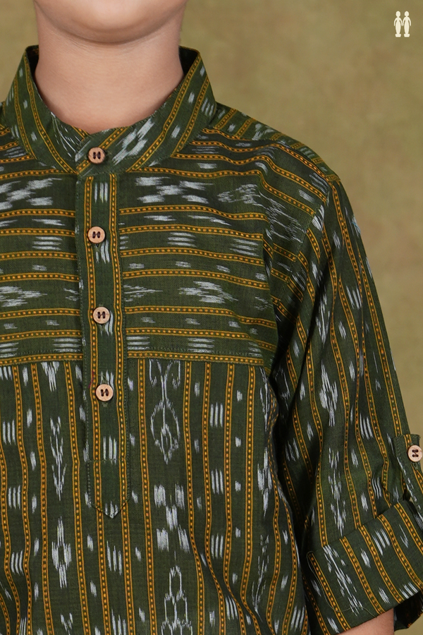 Chinese Collar Stripes Design Green Cotton Long Kurta