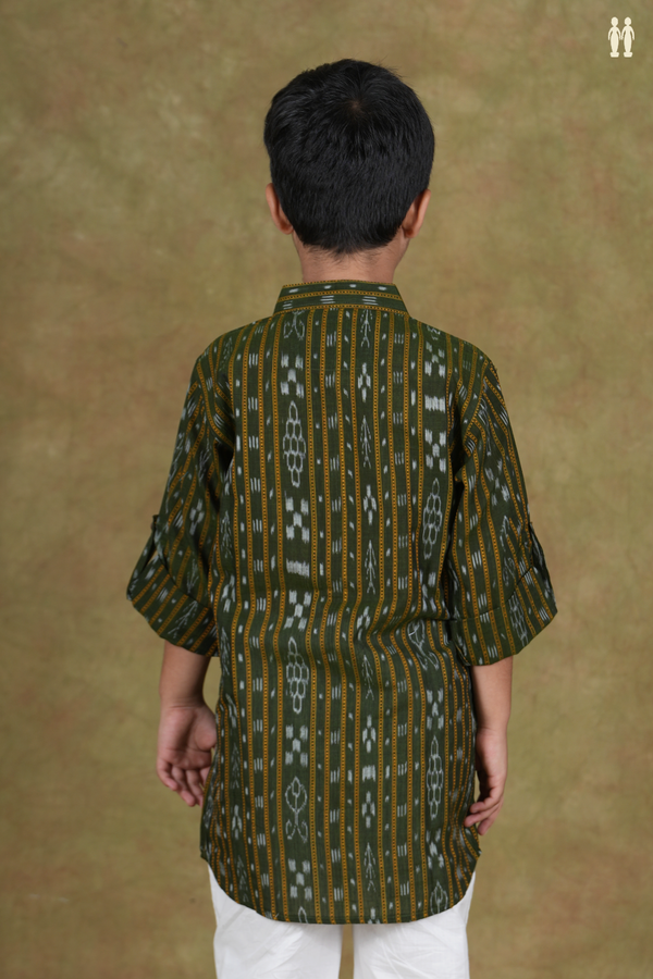 Chinese Collar Stripes Design Green Cotton Long Kurta