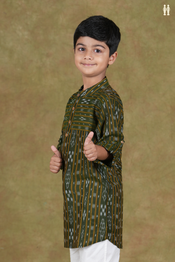 Chinese Collar Stripes Design Green Cotton Long Kurta