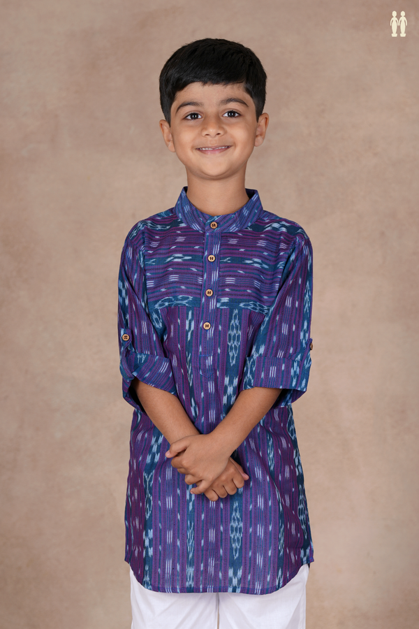 Chinese Collar Stripes Design Dual Tone Cotton Long Kurta