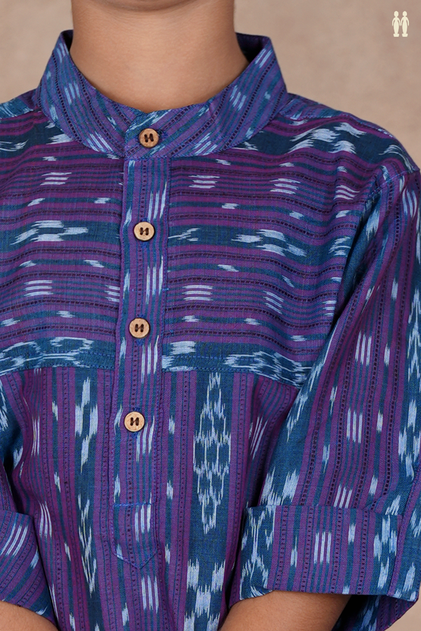 Chinese Collar Stripes Design Dual Tone Cotton Long Kurta