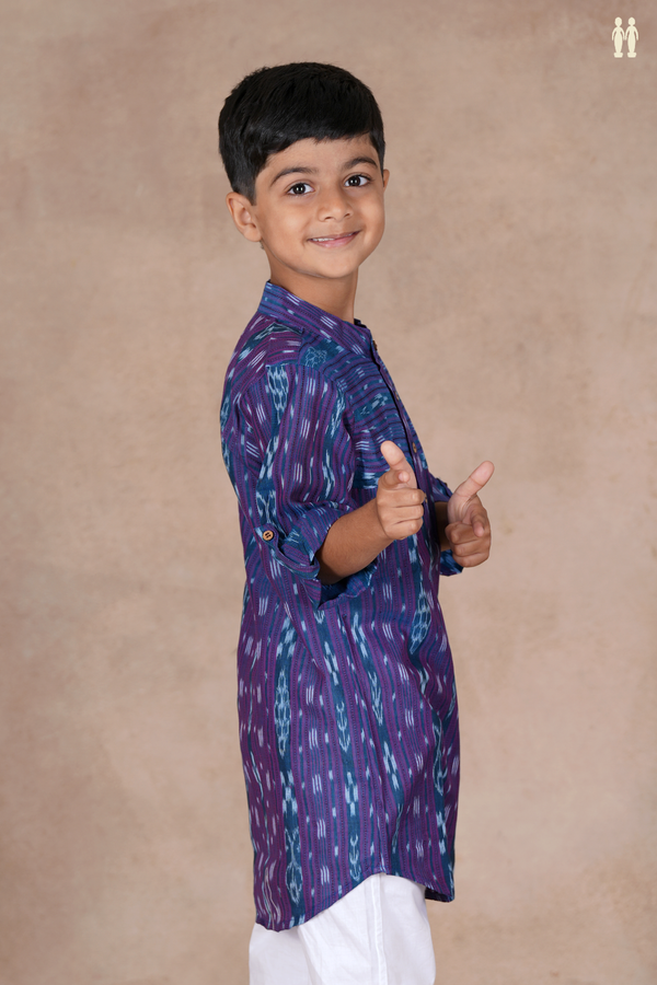 Chinese Collar Stripes Design Dual Tone Cotton Long Kurta