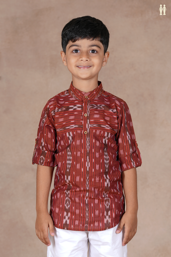 Chinese Collar Stripes Design Saddle Brown Cotton Long Kurta