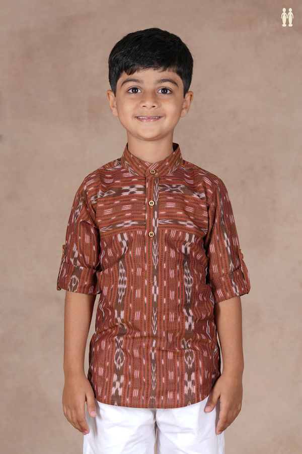Chinese Collar Stripes Design Saddle Brown Cotton Long Kurta
