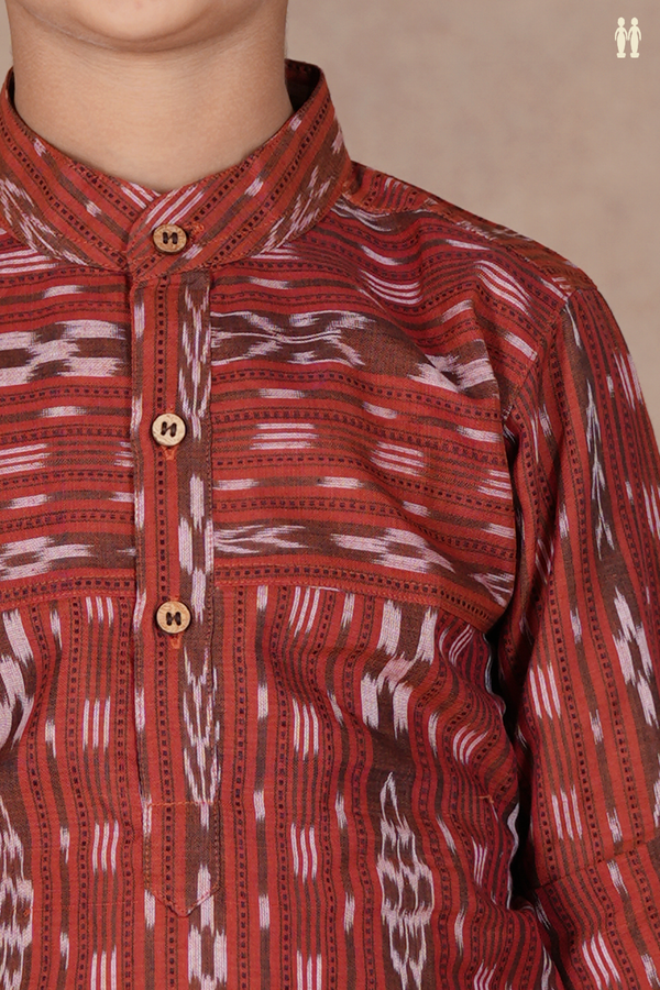 Chinese Collar Stripes Design Saddle Brown Cotton Long Kurta