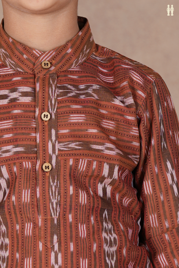 Chinese Collar Stripes Design Saddle Brown Cotton Long Kurta