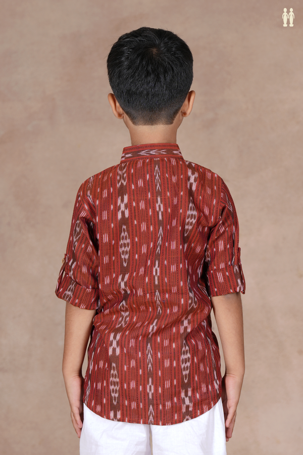 Chinese Collar Stripes Design Saddle Brown Cotton Long Kurta