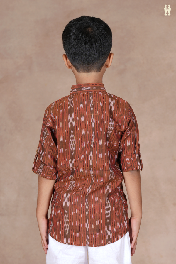 Chinese Collar Stripes Design Saddle Brown Cotton Long Kurta