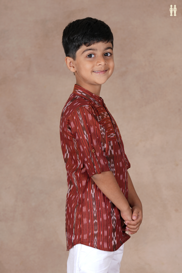 Chinese Collar Stripes Design Saddle Brown Cotton Long Kurta