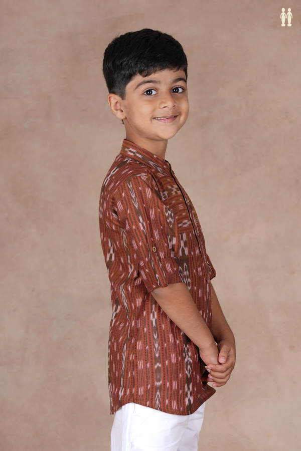 Chinese Collar Stripes Design Saddle Brown Cotton Long Kurta