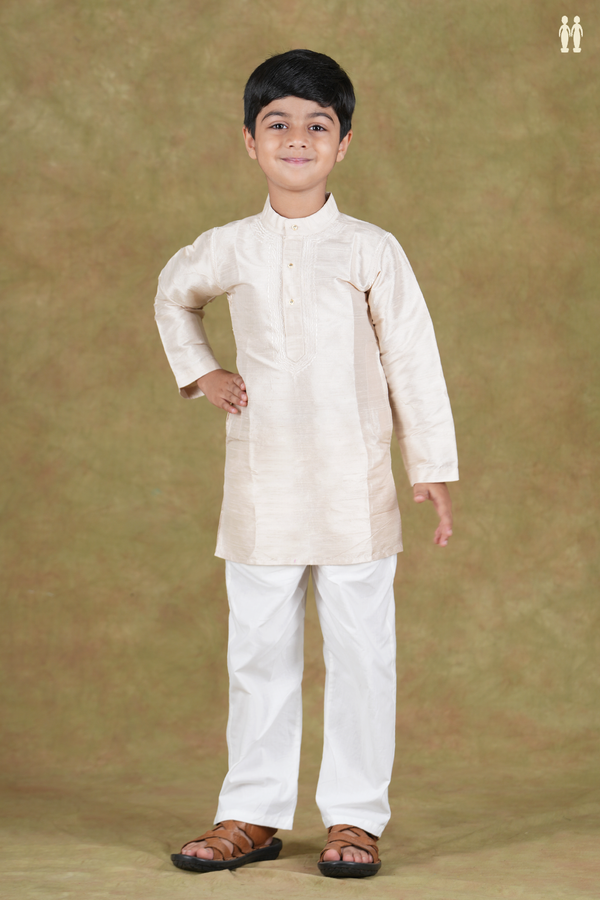 Chinese Collar Plain Cream Color Raw Silk Long Kurta