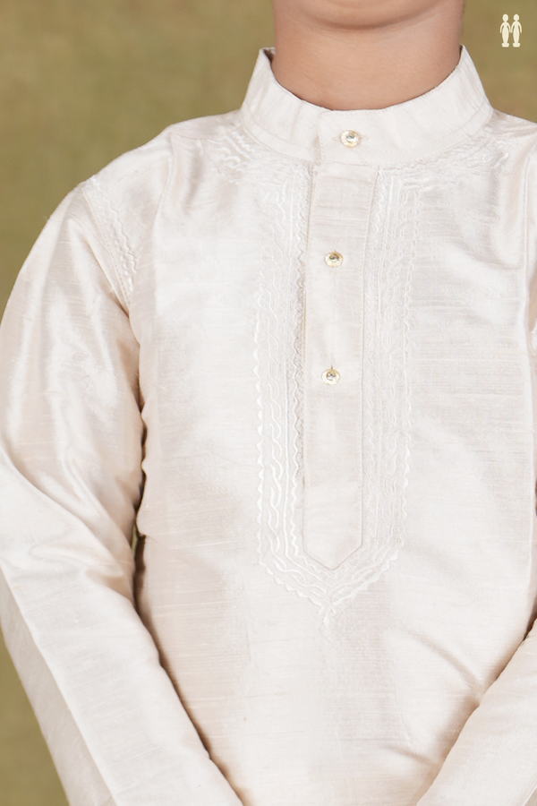 Chinese Collar Plain Cream Color Raw Silk Long Kurta