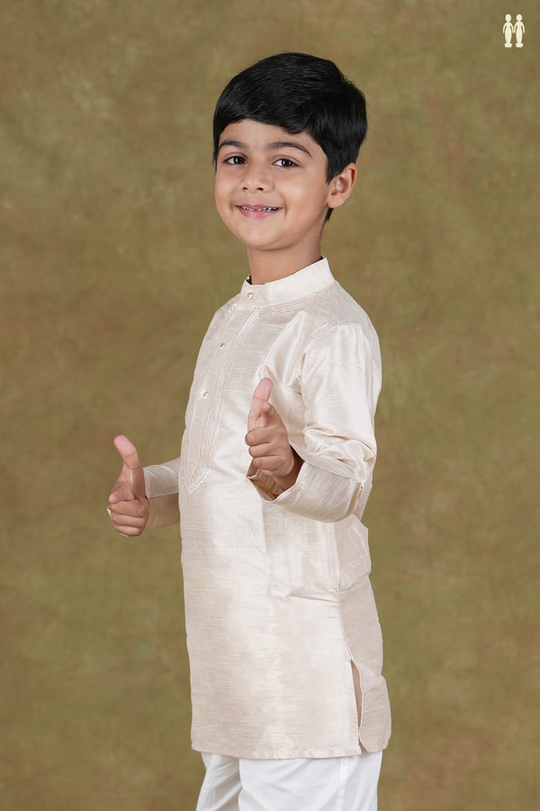 Chinese Collar Plain Cream Color Raw Silk Long Kurta