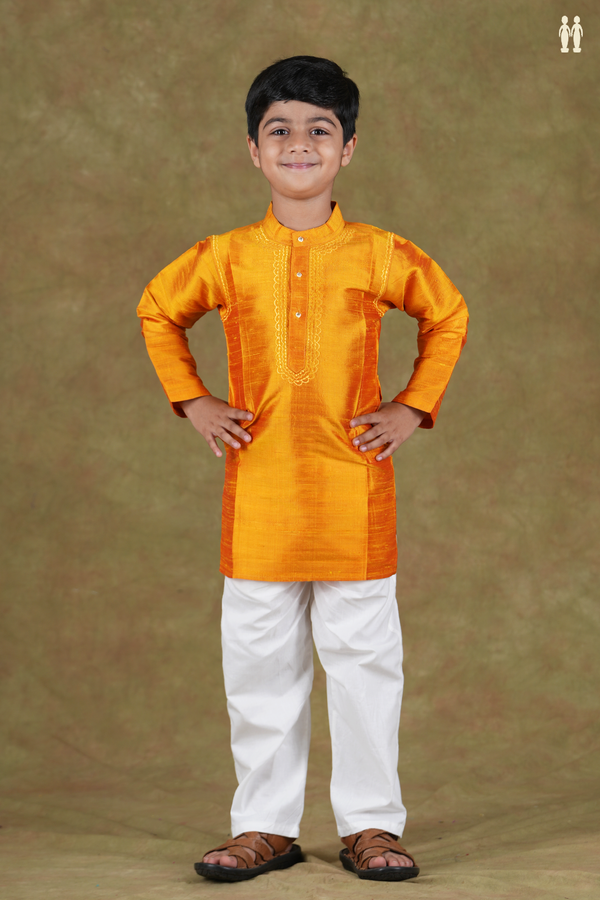 Chinese Collar Plain Honey Orange Raw Silk Long Kurta