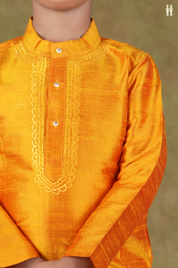 Chinese Collar Plain Honey Orange Raw Silk Long Kurta