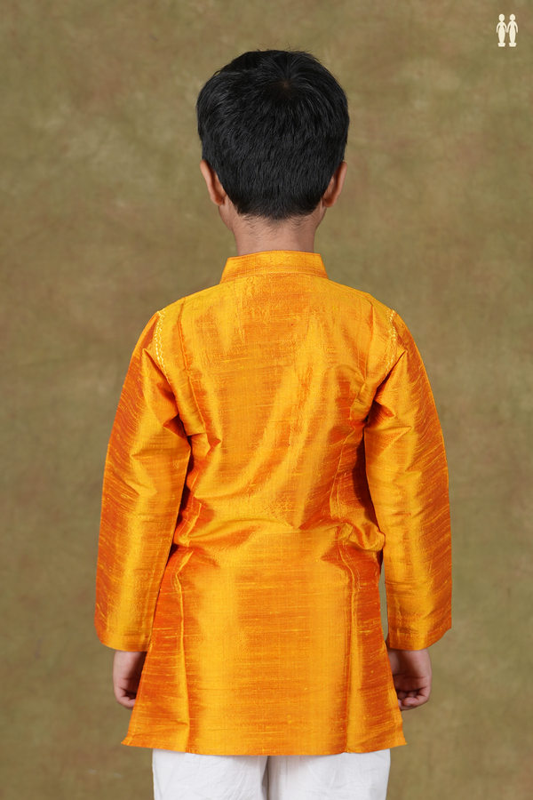 Chinese Collar Plain Honey Orange Raw Silk Long Kurta