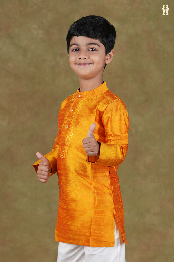 Chinese Collar Plain Honey Orange Raw Silk Long Kurta