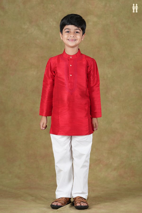 Chinese Collar Plain Scarlet Red Raw Silk Long Kurta