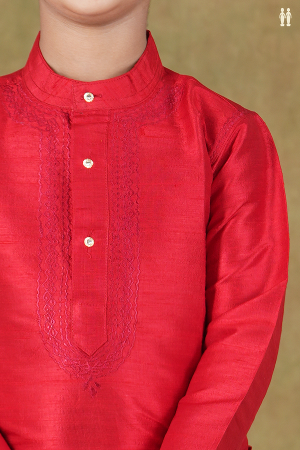 Chinese Collar Plain Scarlet Red Raw Silk Long Kurta