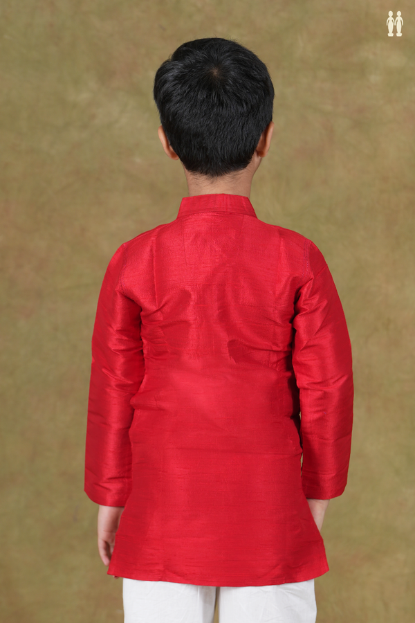 Chinese Collar Plain Scarlet Red Raw Silk Long Kurta