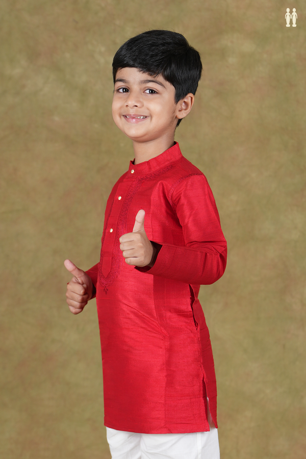 Chinese Collar Plain Scarlet Red Raw Silk Long Kurta