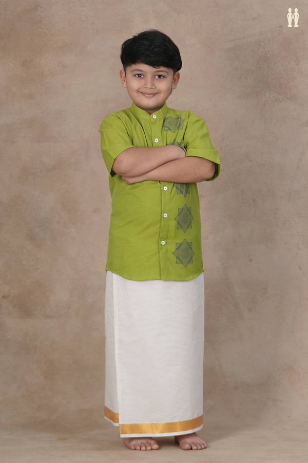 Chinese Collar Diamond Design Lime Green Cotton Shirt