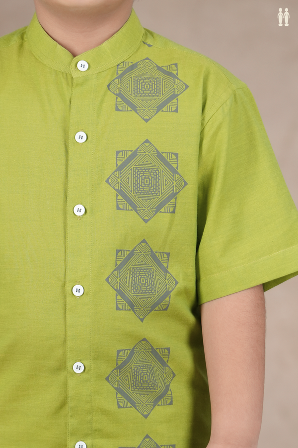 Chinese Collar Diamond Design Lime Green Cotton Shirt