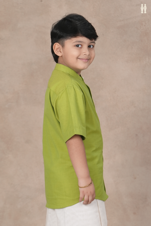 Chinese Collar Diamond Design Lime Green Cotton Shirt