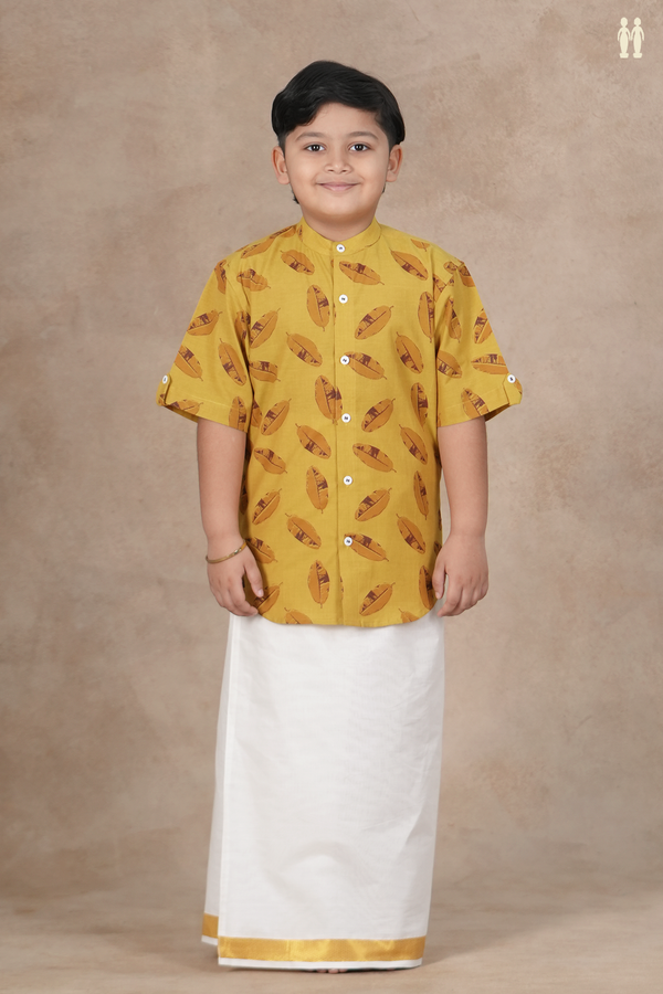 Chinese Collar Leaf Design Dark Yellow Cotton Shirt