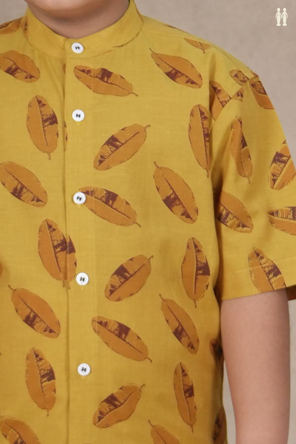 Chinese Collar Leaf Design Dark Yellow Cotton Shirt