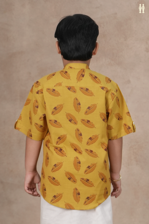 Chinese Collar Leaf Design Dark Yellow Cotton Shirt