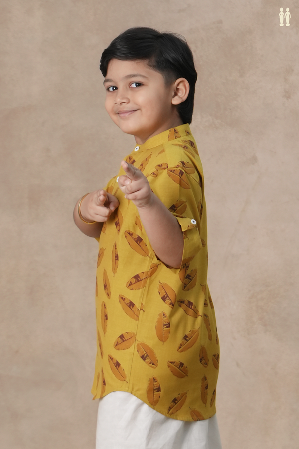 Chinese Collar Leaf Design Dark Yellow Cotton Shirt