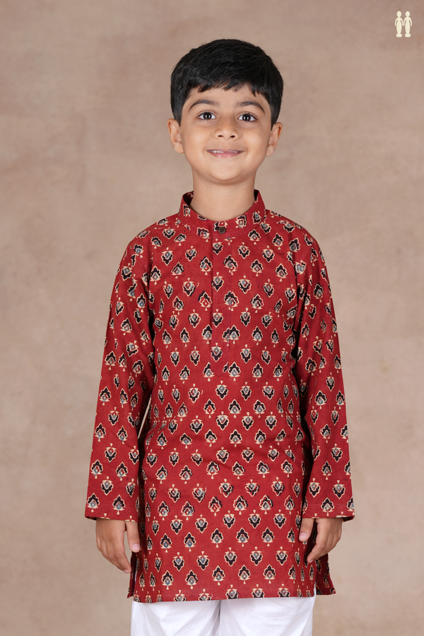 Chinese Collar Printed Buttas Rust Red Cotton Long Kurta