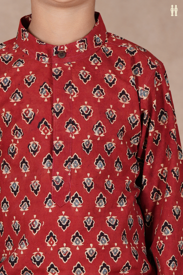 Chinese Collar Printed Buttas Rust Red Cotton Long Kurta