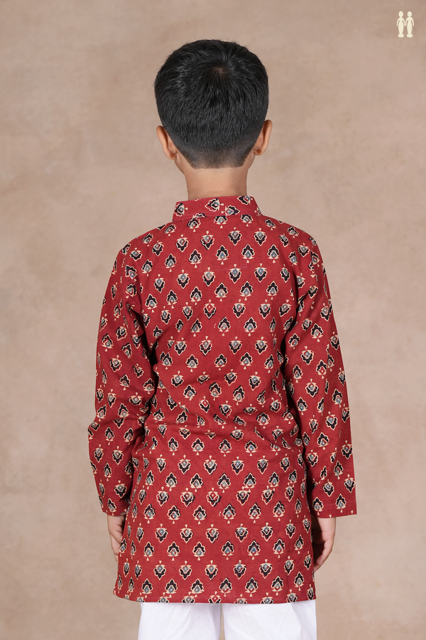 Chinese Collar Printed Buttas Rust Red Cotton Long Kurta