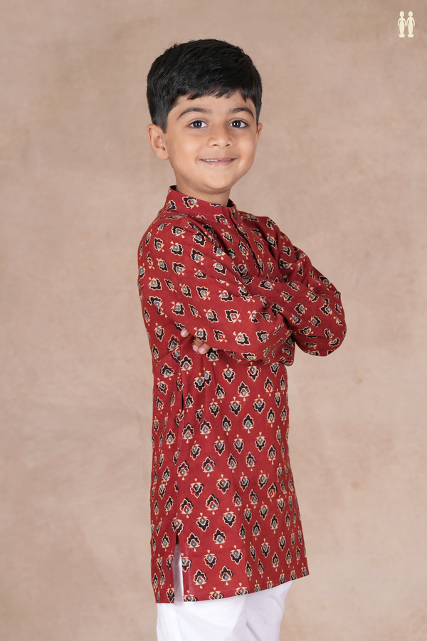 Chinese Collar Printed Buttas Rust Red Cotton Long Kurta
