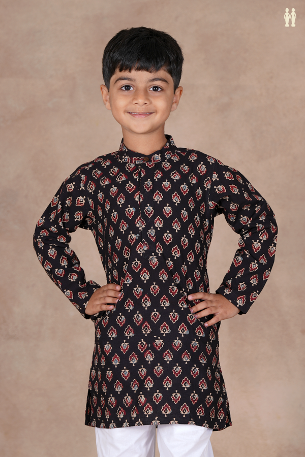 Chinese Collar Printed Design Black Cotton Long Kurta