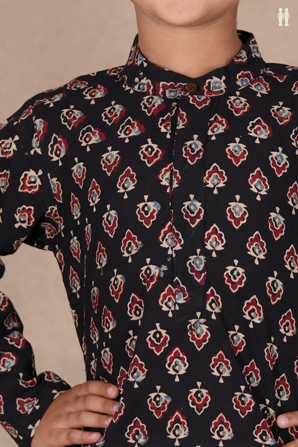 Chinese Collar Printed Design Black Cotton Long Kurta